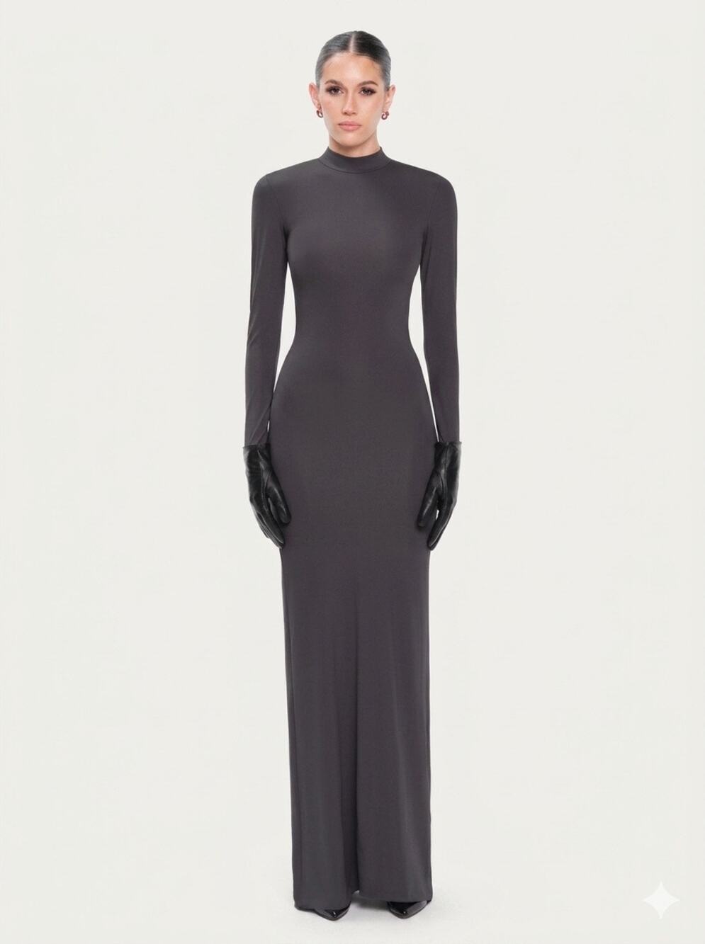 OW Collection CELIA Maxi Dress Gray Long Sleeve Mock Neck New size Small